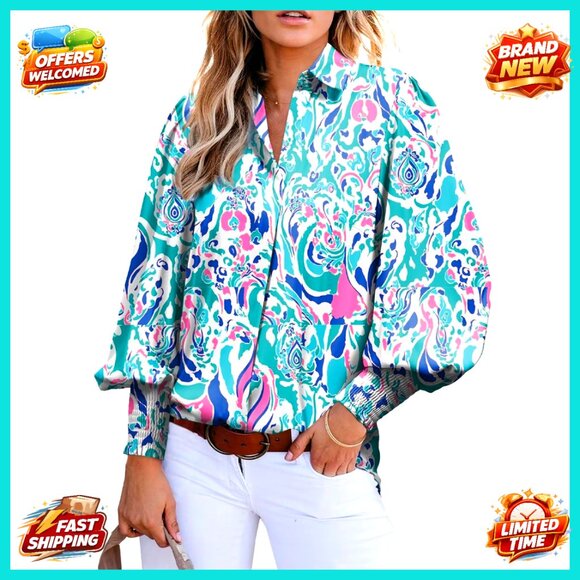 Tops - Loose V-Neck Blouse Lantern Sleeve Boho Chic Oversized Top Paisley Print